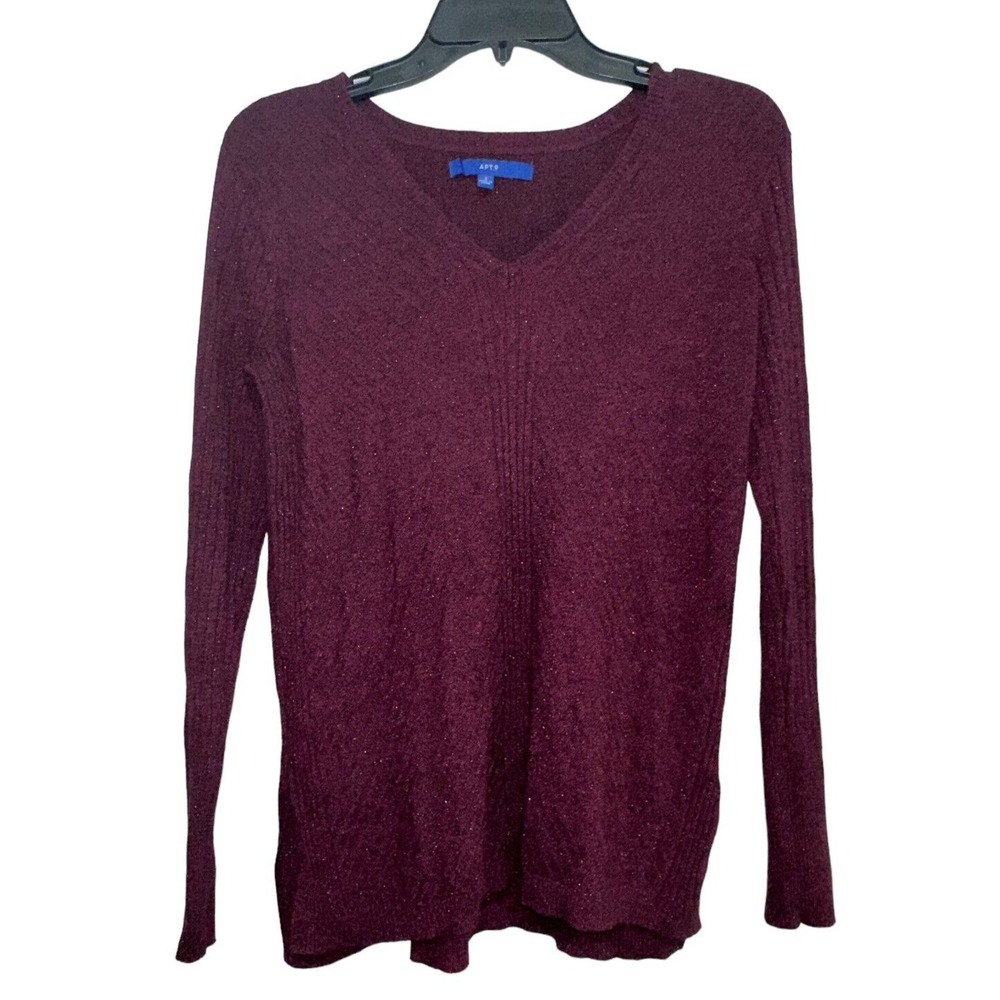 APT.9 Womens Sweater Size S Magenta V-neck Side Slits Sparkly Long Sleeve Knit - Picture 1 of 8
